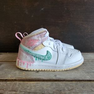 Nike Air Jordan 1 Mid Paint Drip Ice Cream White Pink DD1666-100 Toddler Size 6
